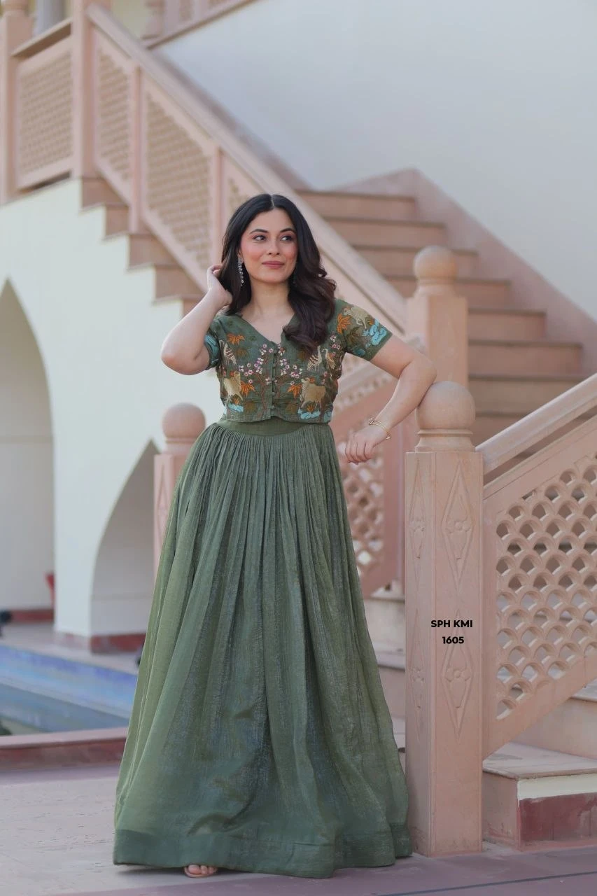 Olive Green Designer Koti Cotton Gown